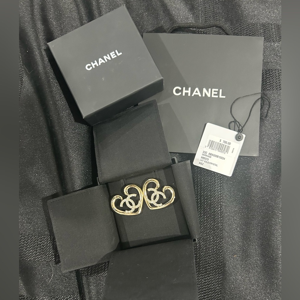 Chanel 2022 Gold-tone Crystal Heart Oversized Stud Earrings